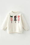 Multi color embroidered Christmas tree on white sweater. TPG60742 MON