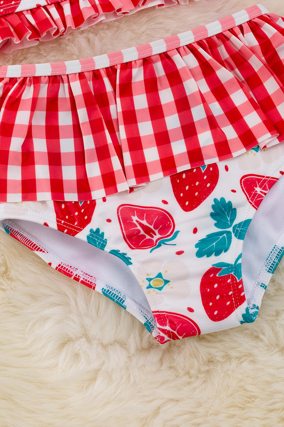 Strawberry printed swim set w/plaid ruffle.  SWG25134001 Wendy