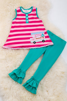  Lt.pink & fuchsia stripe printed tunic w/ embroidered ice cream truck & pants. OFG40126 wendy