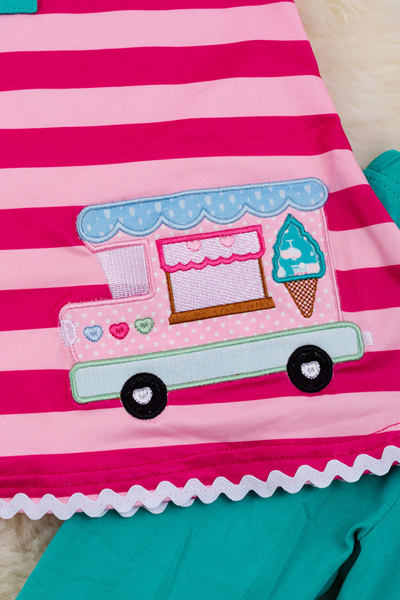 Lt.pink & fuchsia stripe printed tunic w/ embroidered ice cream truck & pants. OFG40126 wendy