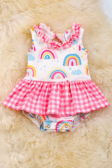  Rainbow printed baby onesie with plaid skirt. RPG25134040 SOL
