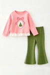 Embroidered bow and Christmas tree on the top and olive green bottoms. OFG63022 AMY