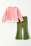 Embroidered bow and Christmas tree on the top and olive green bottoms. OFG63022 AMY