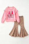Merry Christmas Pink ruffle top sweatshirt and animal printed bottoms. OFG62977 MON