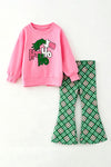 Pink long sleeve Christmas applique top and green plaid bottoms. OFG63352 SOL