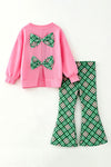 Pink long sleeve Christmas applique top and green plaid bottoms. OFG63352 SOL