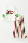 White Christmas application top and multi color stripe bottoms. OFG63377 SOL