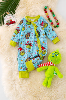  RPG40834 SOL: Christmas character printed baby onesie w/ruffle trim.