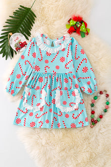  DRG42123 SOL: Candy cane aqua dress with embroidered pockets.🎄