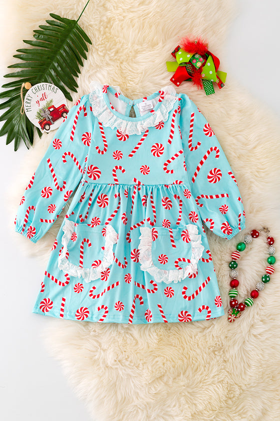 DRG42123 SOL: Candy cane aqua dress with embroidered pockets.🎄