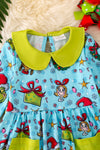 DRG42351 LOI: Christmas character printed girls dress with ruffle hem.