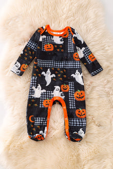  Halloween pumpkin and plaid printed baby onesie with footie. RPG53724 JEAN