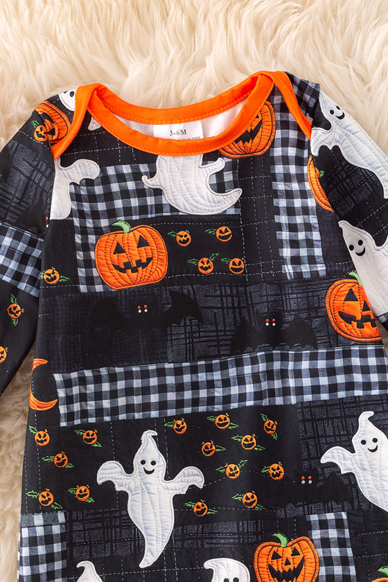 Halloween pumpkin and plaid printed baby onesie with footie. RPG53724 JEAN