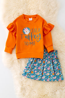  OFG41454 JEAN: "Talk Turkey to me" Orange applique top & floral skirt.