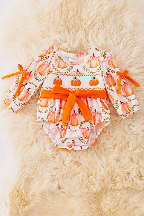 Pumpkin printed baby smock romper. RPG52378 sol