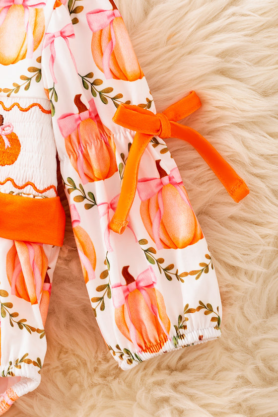 Pumpkin printed baby smock romper. RPG52378 sol