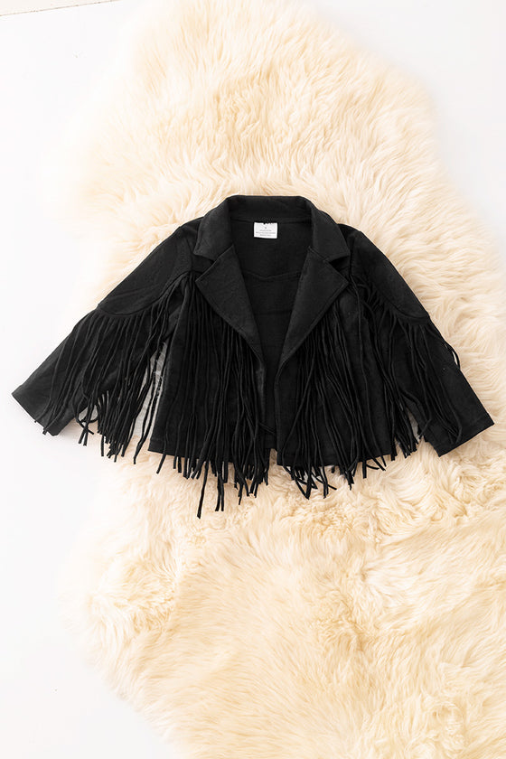 Black faux suede fringe jacket.  TPG20008 SOL