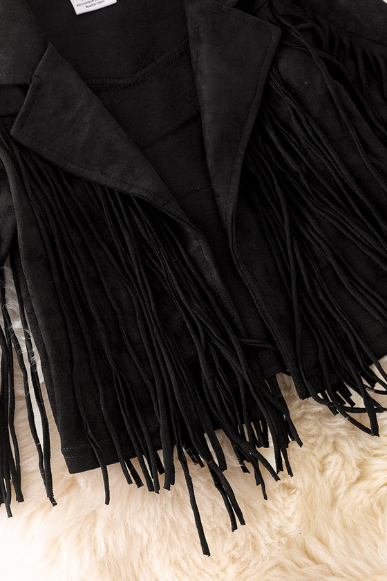 Black faux suede fringe jacket.  TPG20008 SOL
