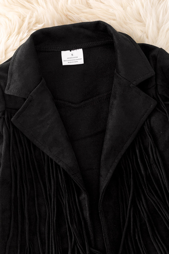 Black faux suede fringe jacket.  TPG20008 SOL