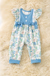 Easter bunny printed baby romper with blue trim. RPG60078 JEAN