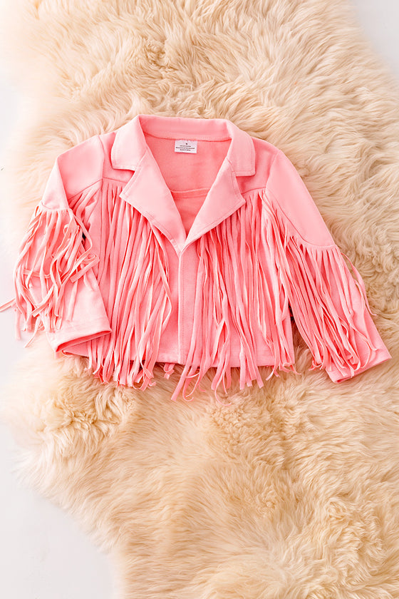 Lt. pink faux suede fringe jacket. TPG20007 jean
