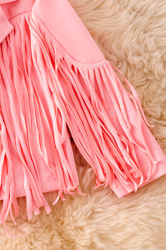 Lt. pink faux suede fringe jacket. TPG20007 jean