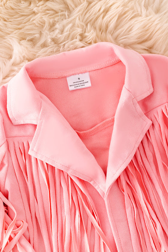 Lt. pink faux suede fringe jacket. TPG20007 jean