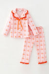 Pumpkin printed pajamas with sating front bow. PJG60442 AMY