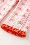 Pumpkin printed pajamas with sating front bow. PJG60442 AMY