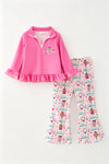 Pink Christmas long sleeve top with ruffle hem and Christmas printed bottoms. OFG62970 AMY
