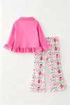 Pink Christmas long sleeve top with ruffle hem and Christmas printed bottoms. OFG62970 AMY