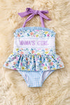 LT. Blue, yellow, coral & pink floral w/gingham printed bodysuit. SWG60070 AMY