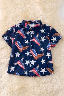  Boys Navy blue Western boot patriotic button up shirt. TPB50072 JEAN