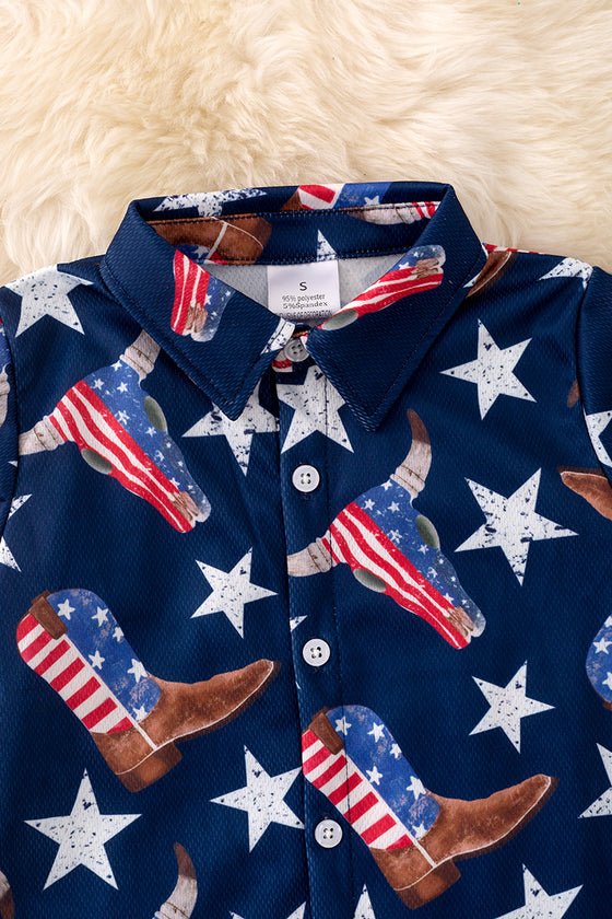 Boys Navy blue Western boot patriotic button up shirt. TPB50072 JEAN