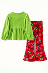 Green faux velvety tunic and red pants. OFG63380 MON
