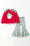 Red Santa applique top and multi-printed bell bottoms. OFG63021 MON