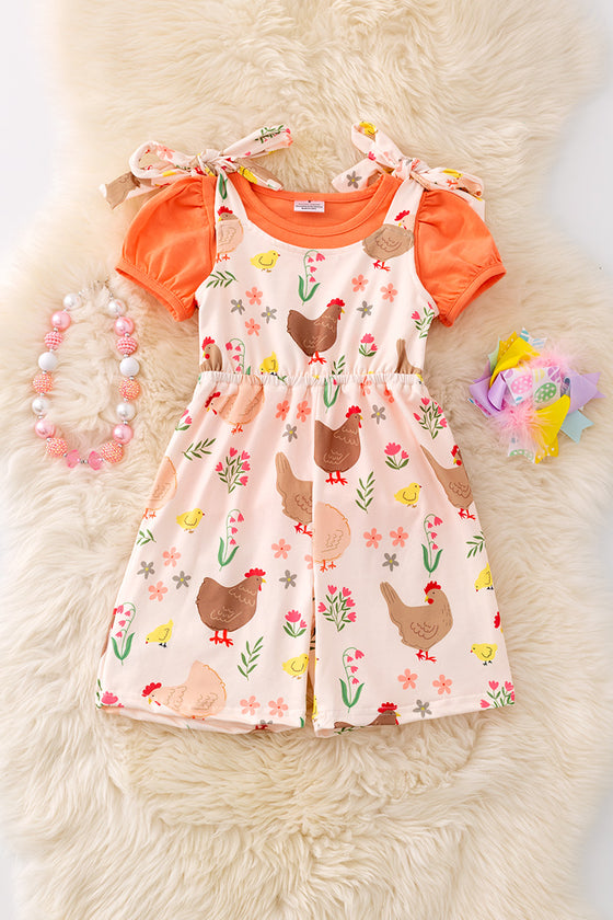 Hen printed girls romper. OFG50282 JEAN