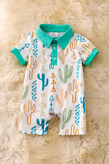  White cactus printed romper with mint trim with snaps. RPB50097 AMY