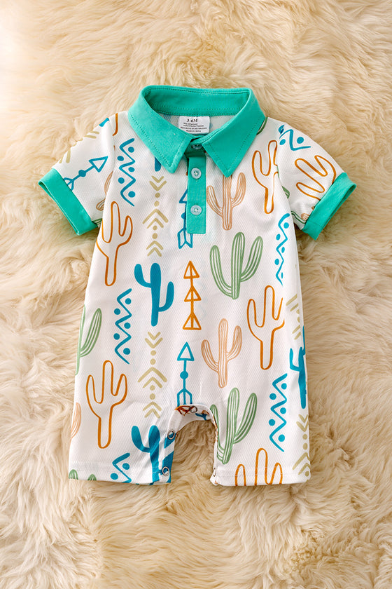 White cactus printed romper with mint trim with snaps. RPB50097 AMY