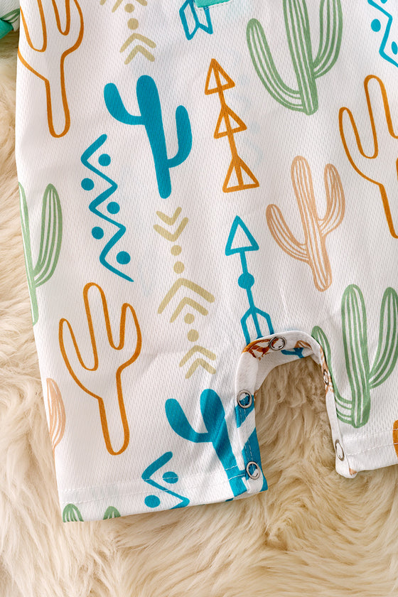 White cactus printed romper with mint trim with snaps. RPB50097 AMY