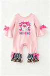 Pink santa printed baby romper with bell sleeves and snaps. RPG65054 SOL