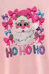 Pink santa printed baby romper with bell sleeves and snaps. RPG65054 SOL
