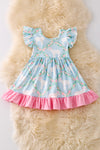 Sweet Lamb printed on blue dress with pink ruffle trim. DRG50360 JEA