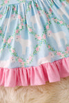 Sweet Lamb printed on blue dress with pink ruffle trim. DRG50360 JEA