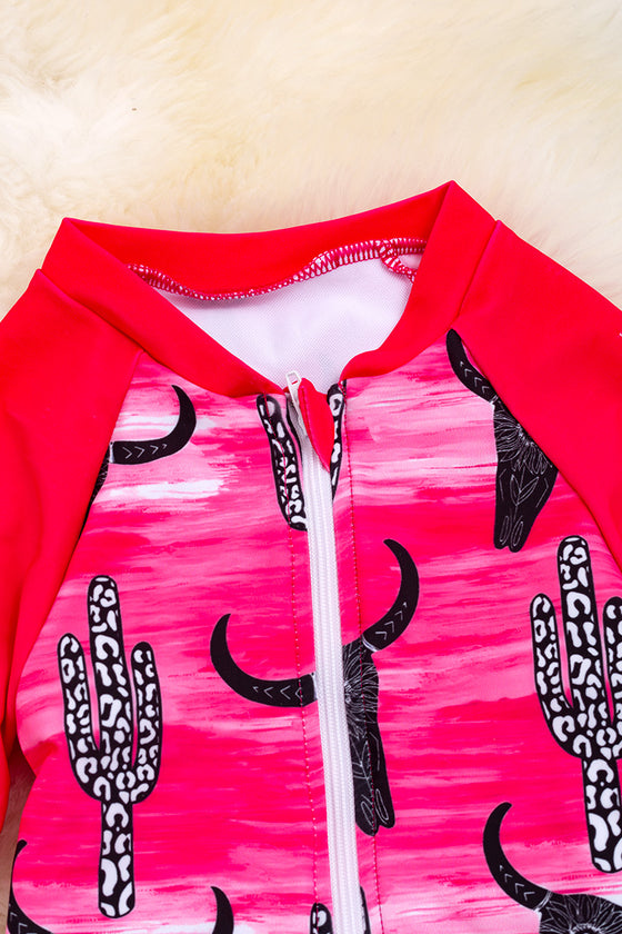 Fuchsia long sleeve swimsuit w/bull & cactus print. SWG40068 SOL