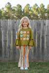 Olive green pumpkin/floral printed bell sleeve tunic and multi color stripe bottoms. OFG62632 SOL