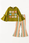 Olive green pumpkin/floral printed bell sleeve tunic and multi color stripe bottoms. OFG62632 SOL