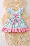 Sweet Lamb printed on blue dress with pink ruffle trim. DRG50360 JEA