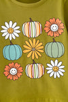 Olive green pumpkin/floral printed bell sleeve tunic and multi color stripe bottoms. OFG62632 SOL