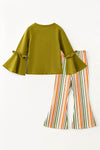 Olive green pumpkin/floral printed bell sleeve tunic and multi color stripe bottoms. OFG62632 SOL